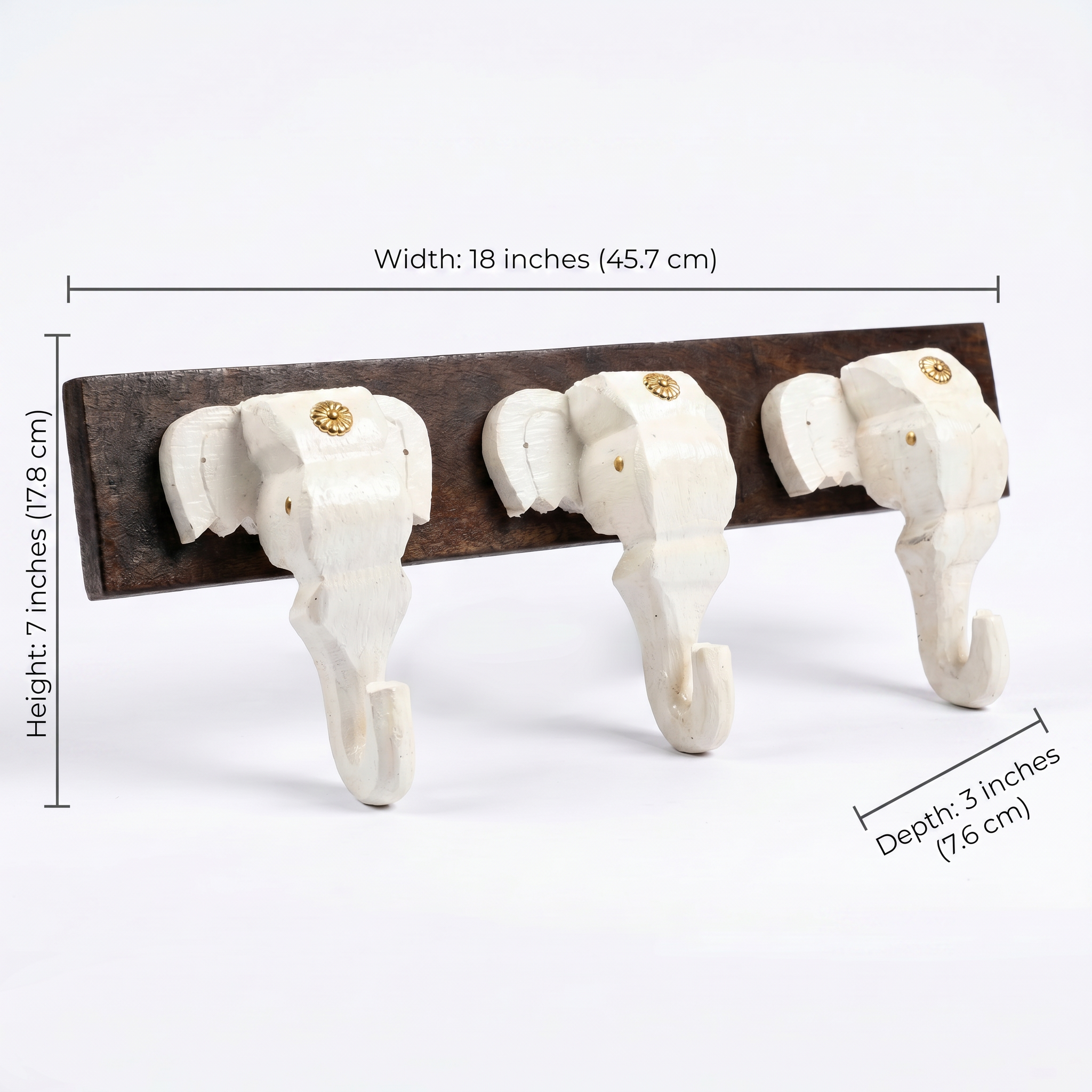 Wooden Elephant Keychain Holder | Brown Base | 7x18x3 Inch | White Elephants
