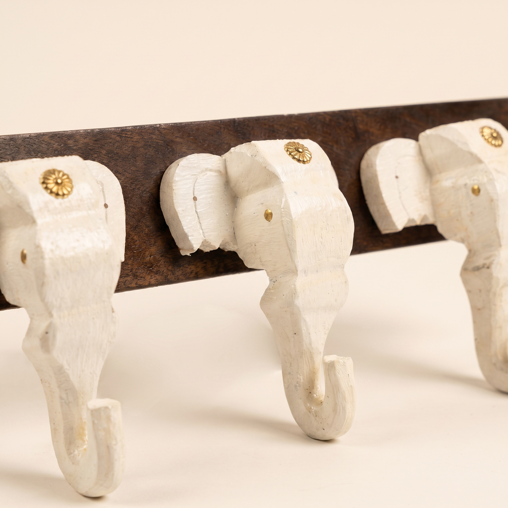 Wooden Elephant Keychain Holder | Brown Base | 7x18x3 Inch | White Elephants