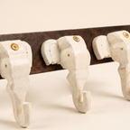 Wooden Elephant Keychain Holder | Brown Base | 7x18x3 Inch | White Elephants