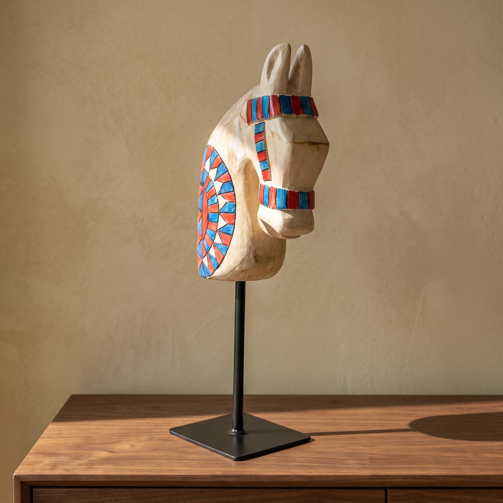 Wooden Horse on Metal Stand | White | H -13.5 inch & 4x3 inch base