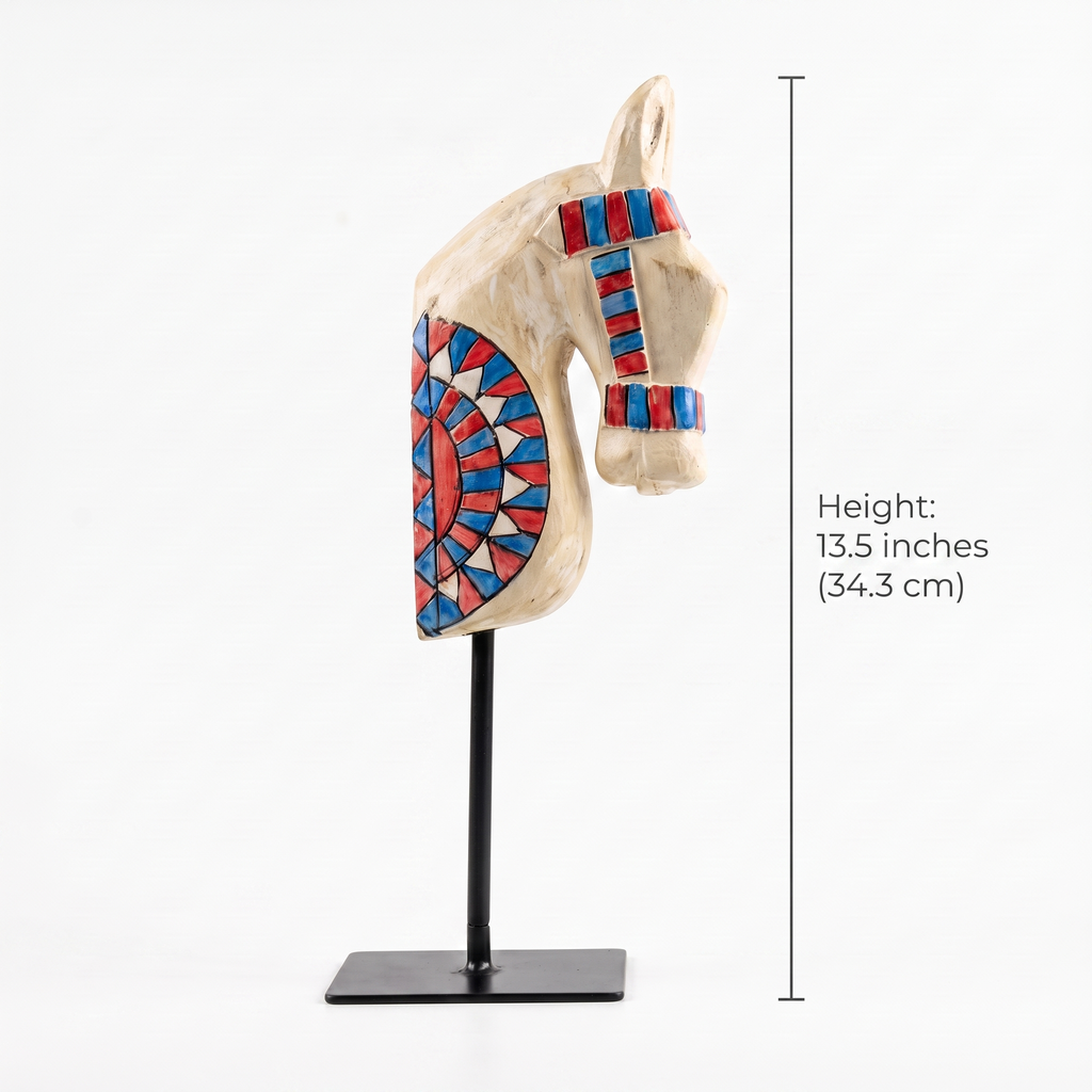 Wooden Horse on Metal Stand | White | H -13.5 inch & 4x3 inch base