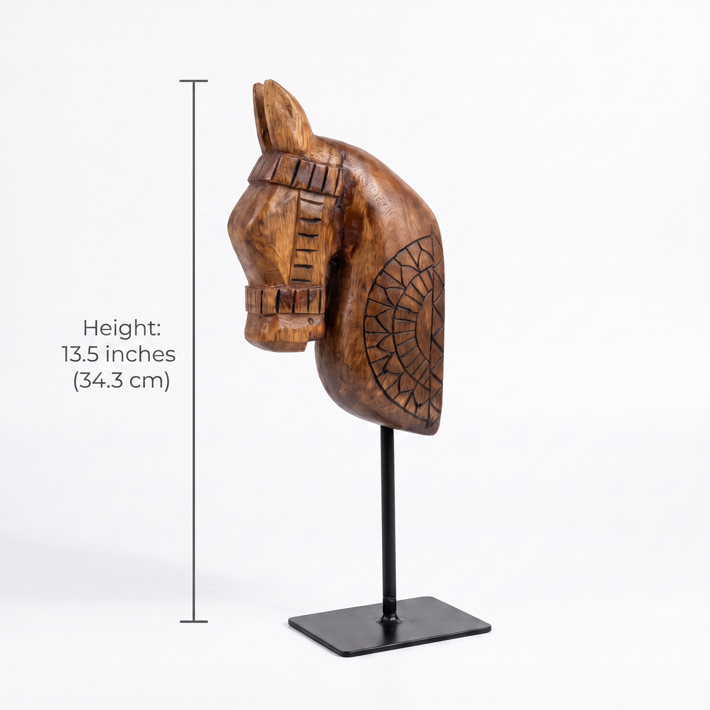 Wooden Horse on Metal Stand | Natural | H -13.5 inch & 4x3 inch base