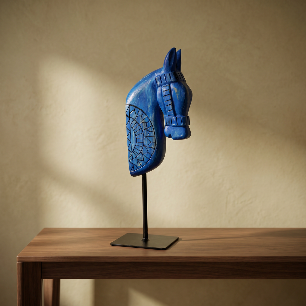 Wooden Horse on Metal Stand | Blue | H -13.5 inch & 4x3 inch base