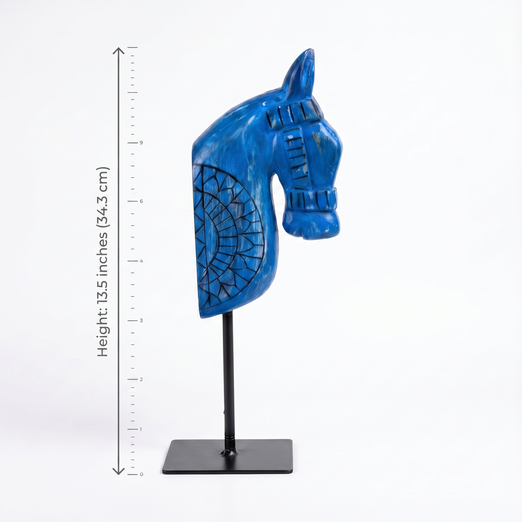 Wooden Horse on Metal Stand | Blue | H -13.5 inch & 4x3 inch base