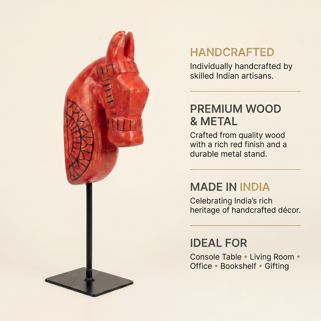 Wooden Horse on Metal Stand | Red | H -13.5 inch & 4x3 inch base
