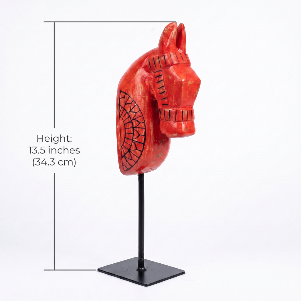 Wooden Horse on Metal Stand | Red | H -13.5 inch & 4x3 inch base