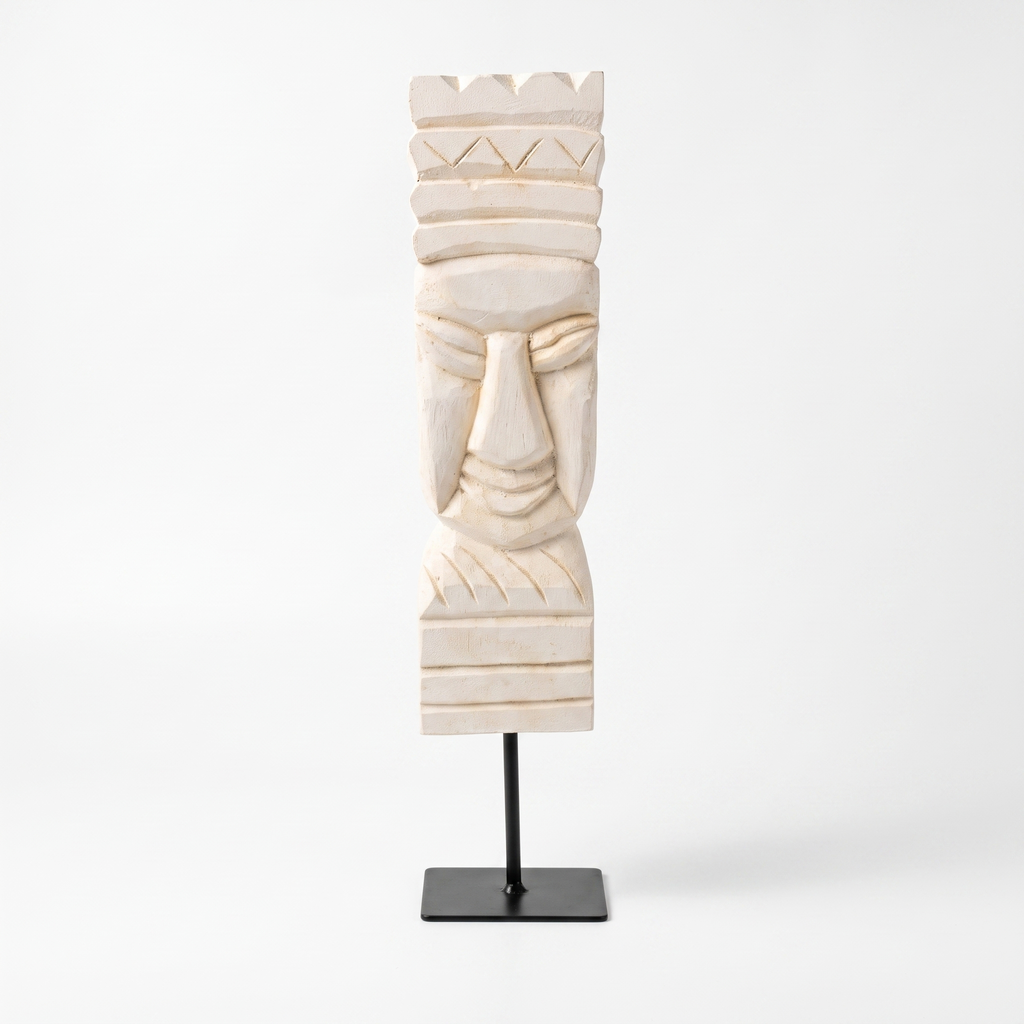Wooden Tribal Sculpture on Metal Stand | White | H -17 inch 3x4 inch base