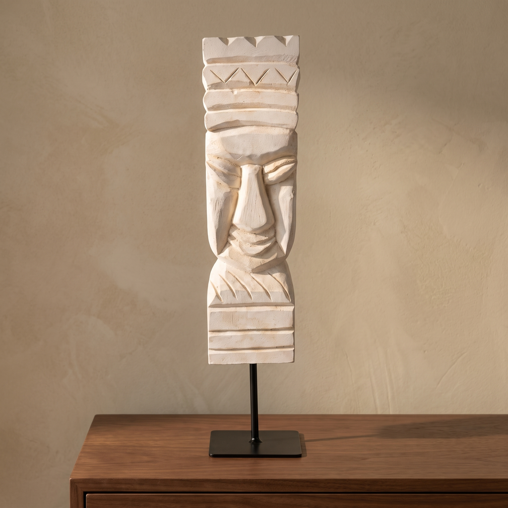 Wooden Tribal Sculpture on Metal Stand | White | H -17 inch 3x4 inch base