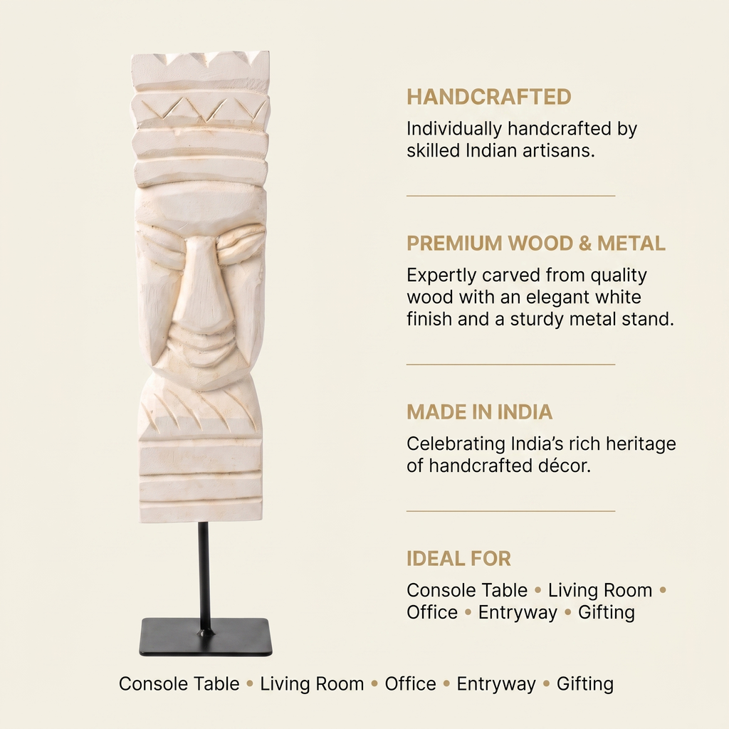Wooden Tribal Sculpture on Metal Stand | White | H -17 inch 3x4 inch base
