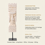 Wooden Tribal Sculpture on Metal Stand | White | H -17 inch 3x4 inch base