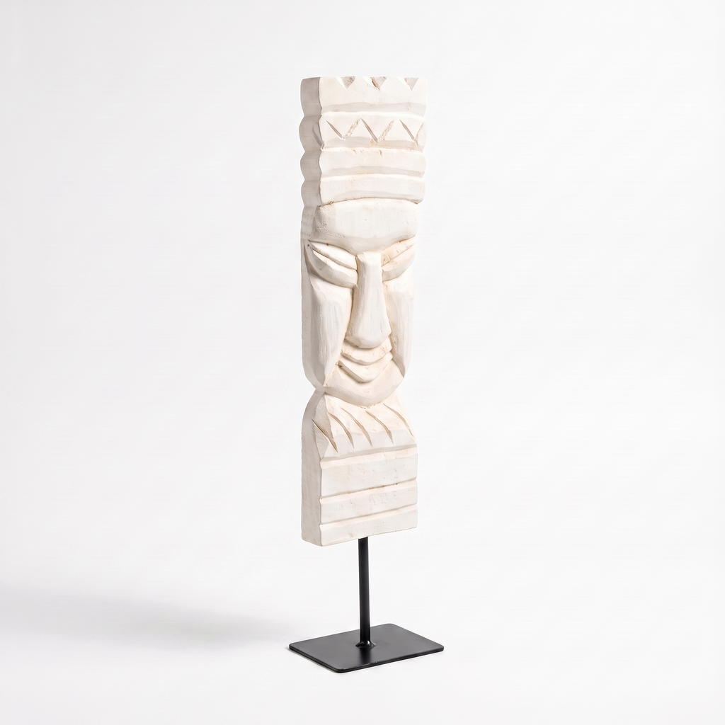 Wooden Tribal Sculpture on Metal Stand | White | H -17 inch 3x4 inch base