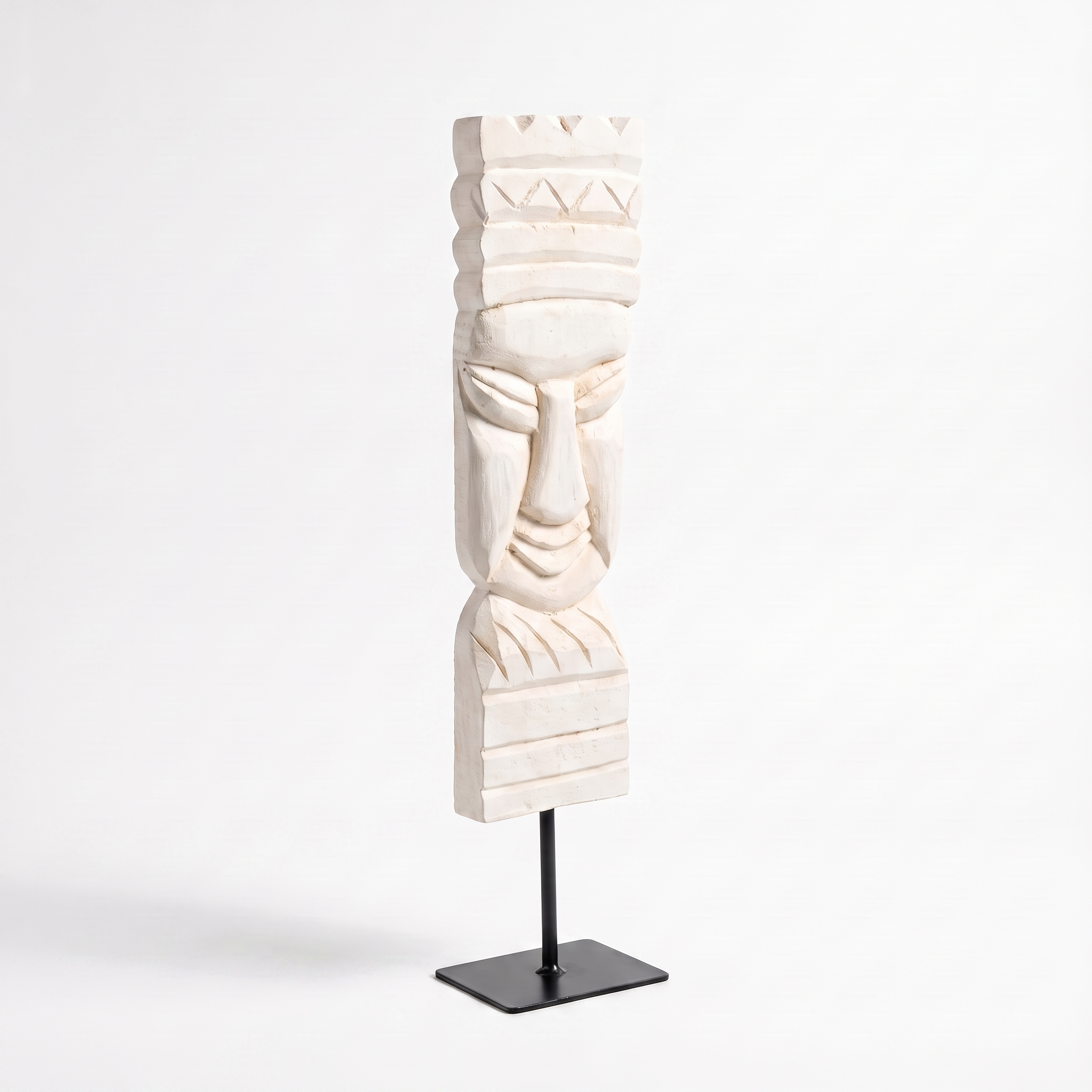 Wooden Tribal Sculpture on Metal Stand | White | H -17 inch 3x4 inch base