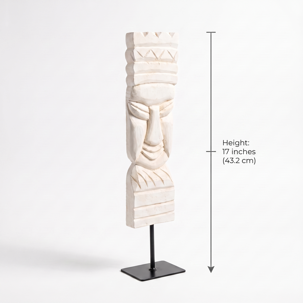 Wooden Tribal Sculpture on Metal Stand | White | H -17 inch 3x4 inch base