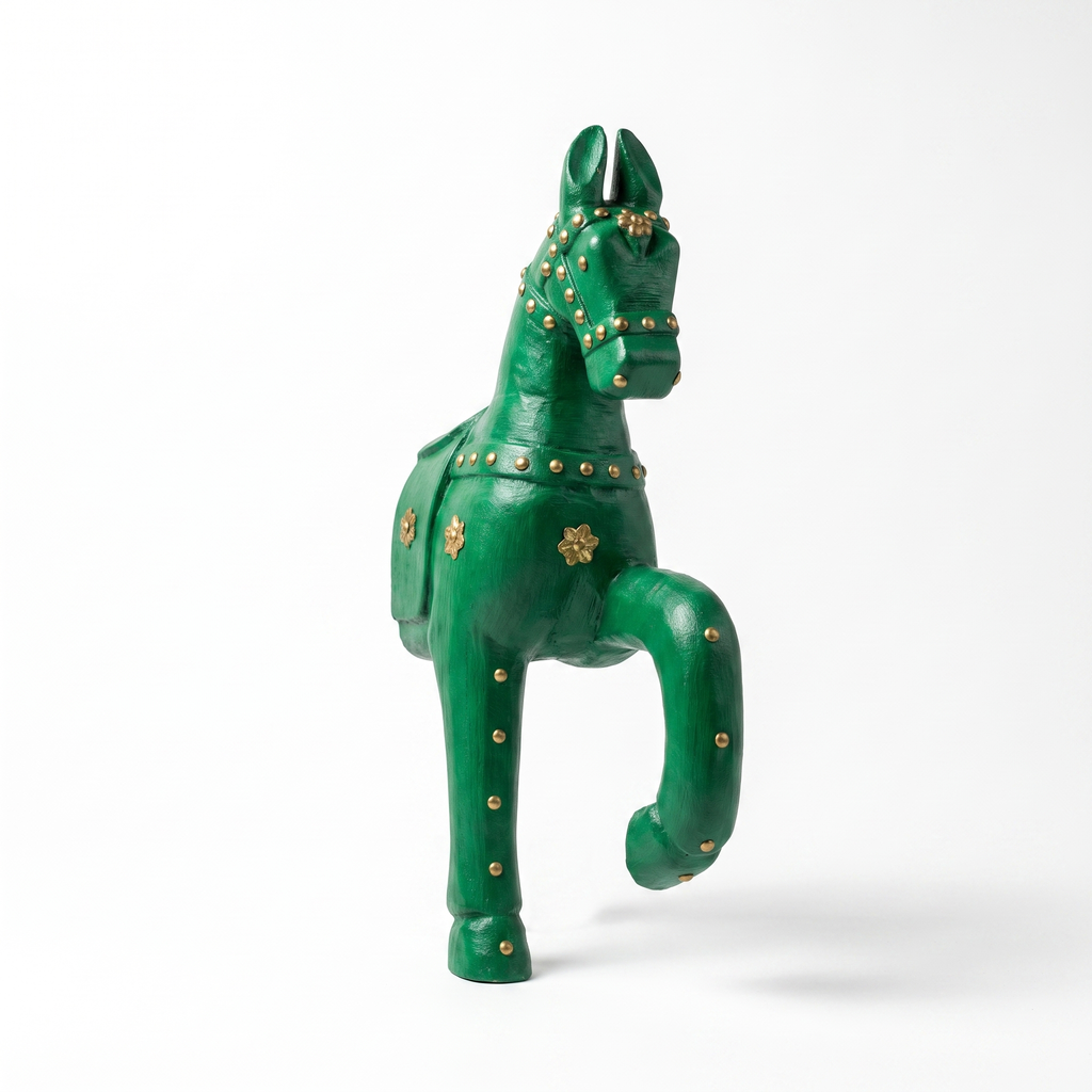 Wooden Horse Wall Hanging | Green with Brass Studded | 13.5x6x3.5 inch