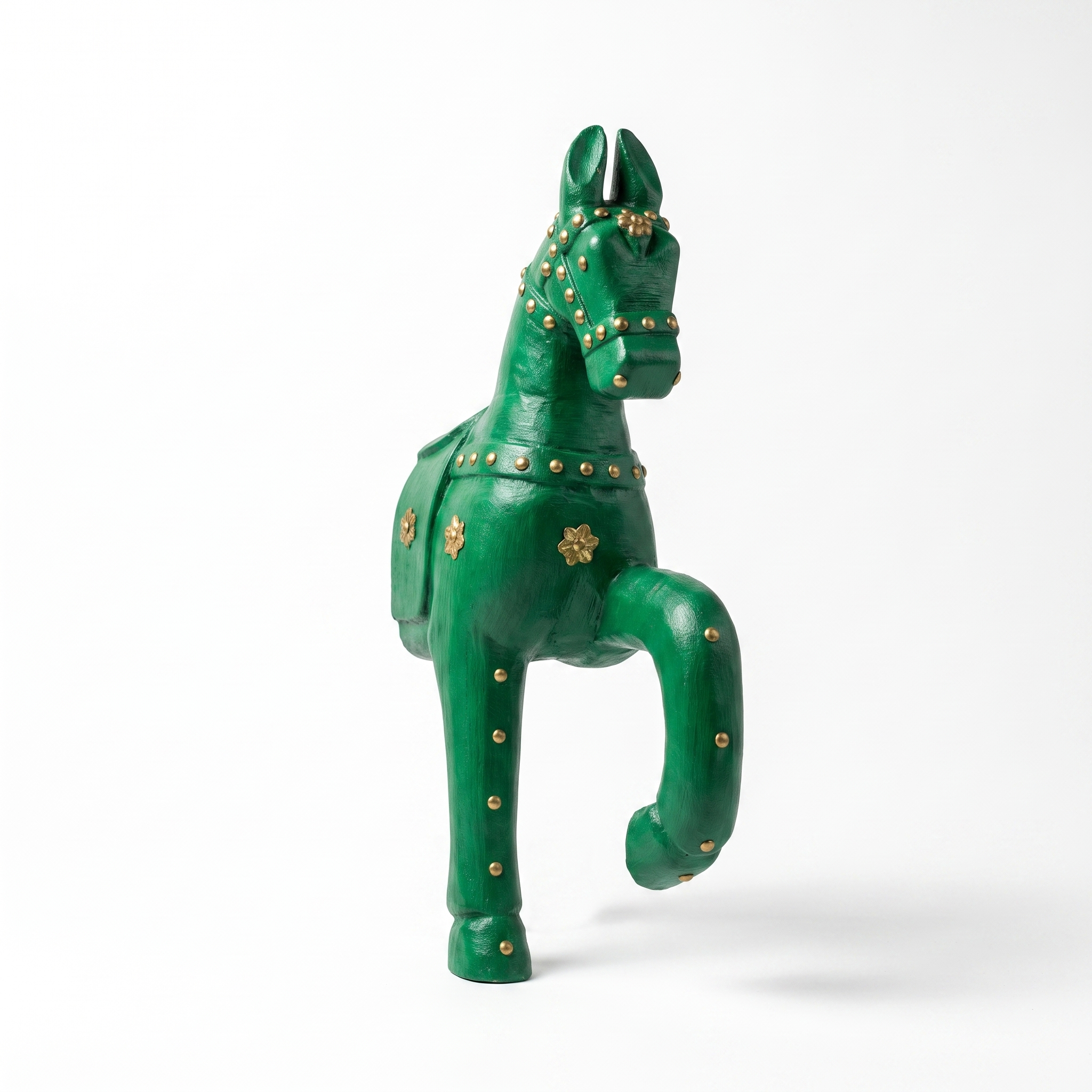 Wooden Horse Wall Hanging | Green with Brass Studded | 13.5x6x3.5 inch