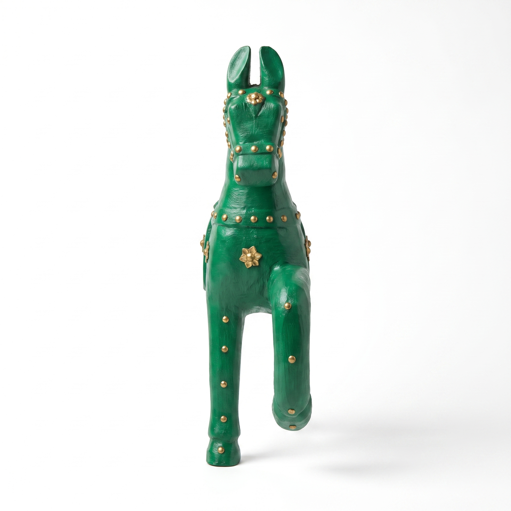 Wooden Horse Wall Hanging | Green with Brass Studded | 13.5x6x3.5 inch