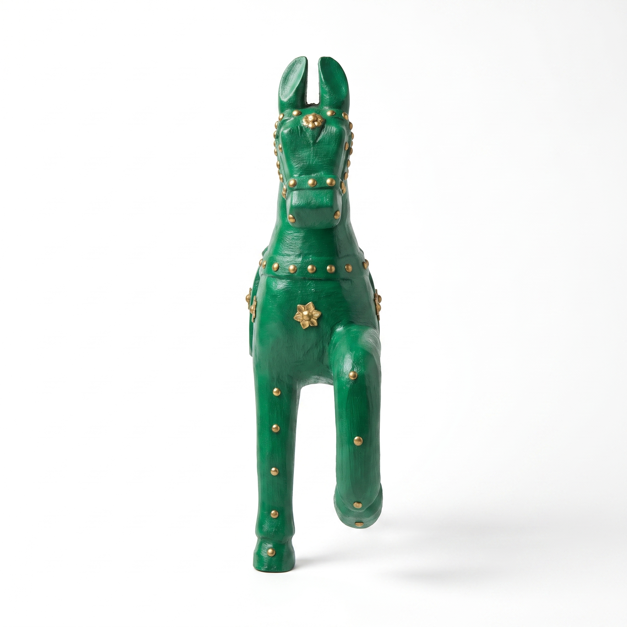 Wooden Horse Wall Hanging | Green with Brass Studded | 13.5x6x3.5 inch