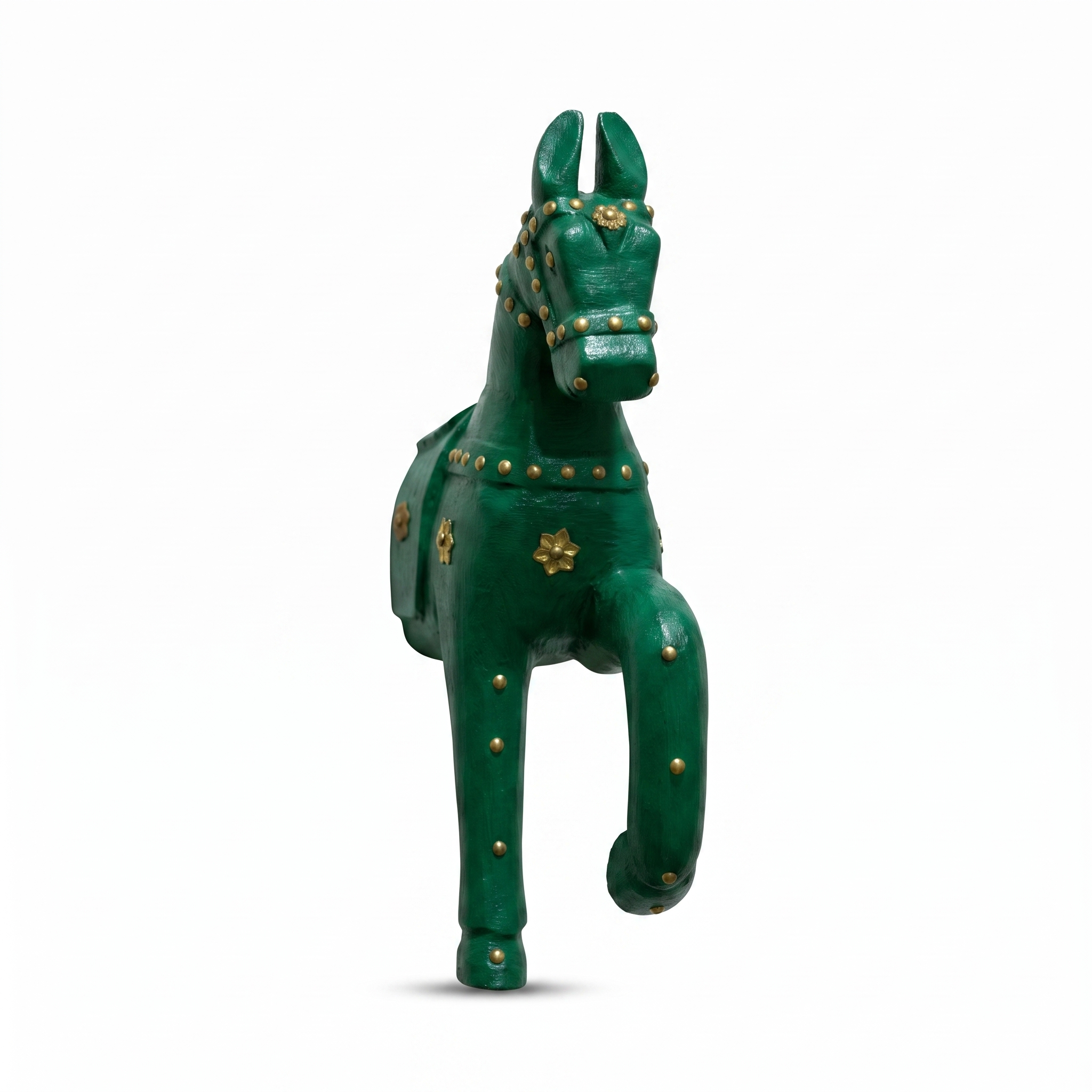 Wooden Horse Wall Hanging | Green with Brass Studded | 13.5x6x3.5 inch