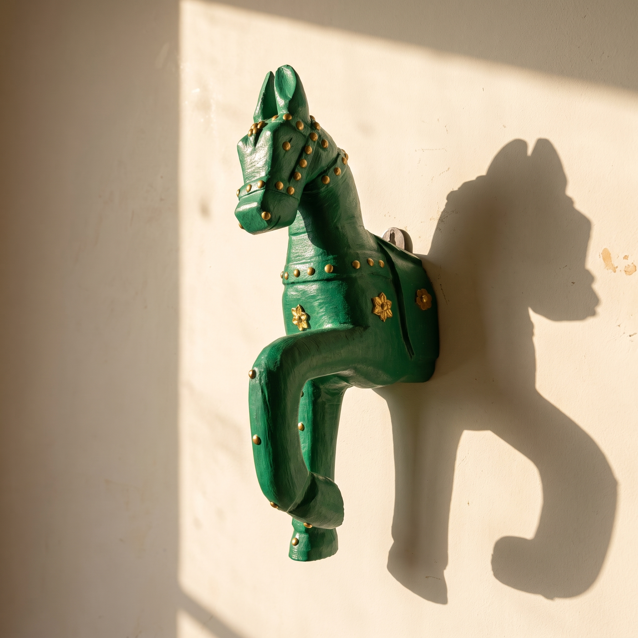 Wooden Horse Wall Hanging | Green with Brass Studded | 13.5x6x3.5 inch