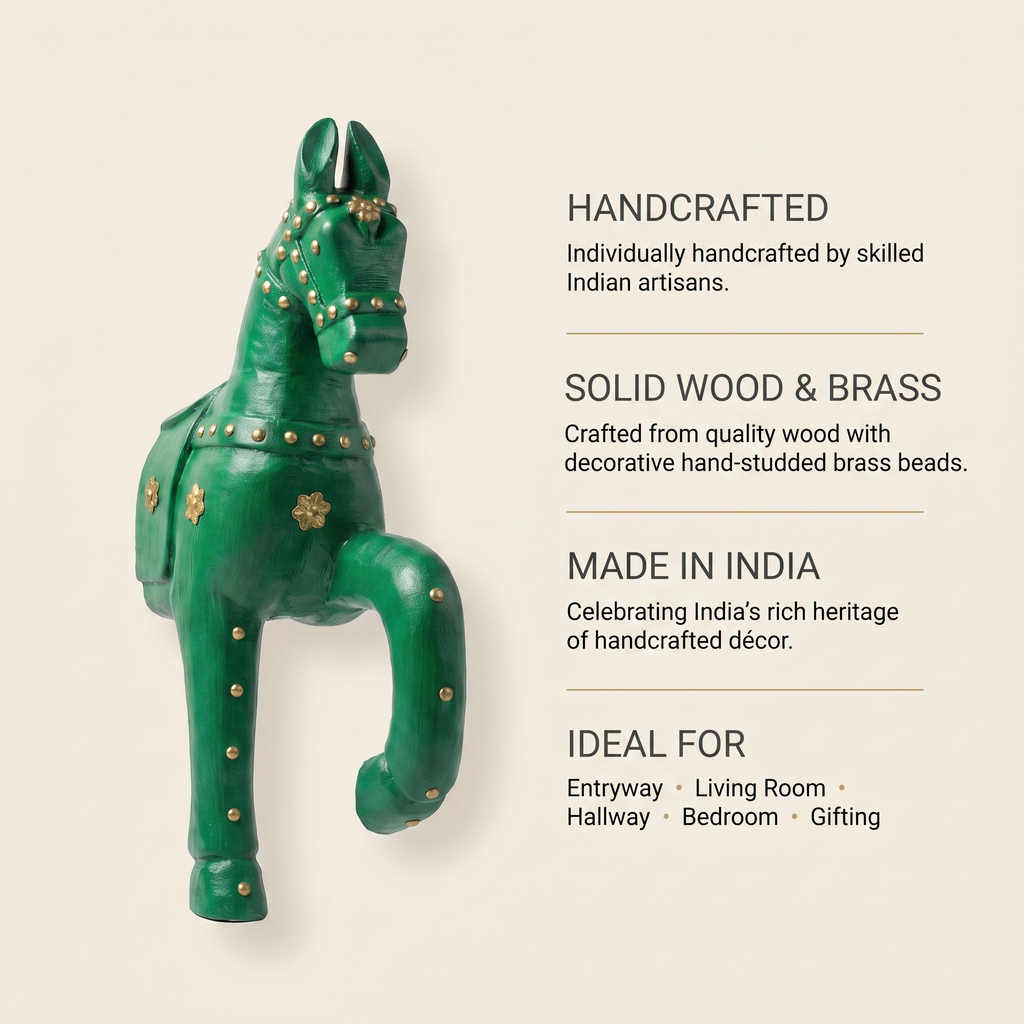 Wooden Horse Wall Hanging | Green with Brass Studded | 13.5x6x3.5 inch