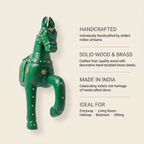 Wooden Horse Wall Hanging | Green with Brass Studded | 13.5x6x3.5 inch