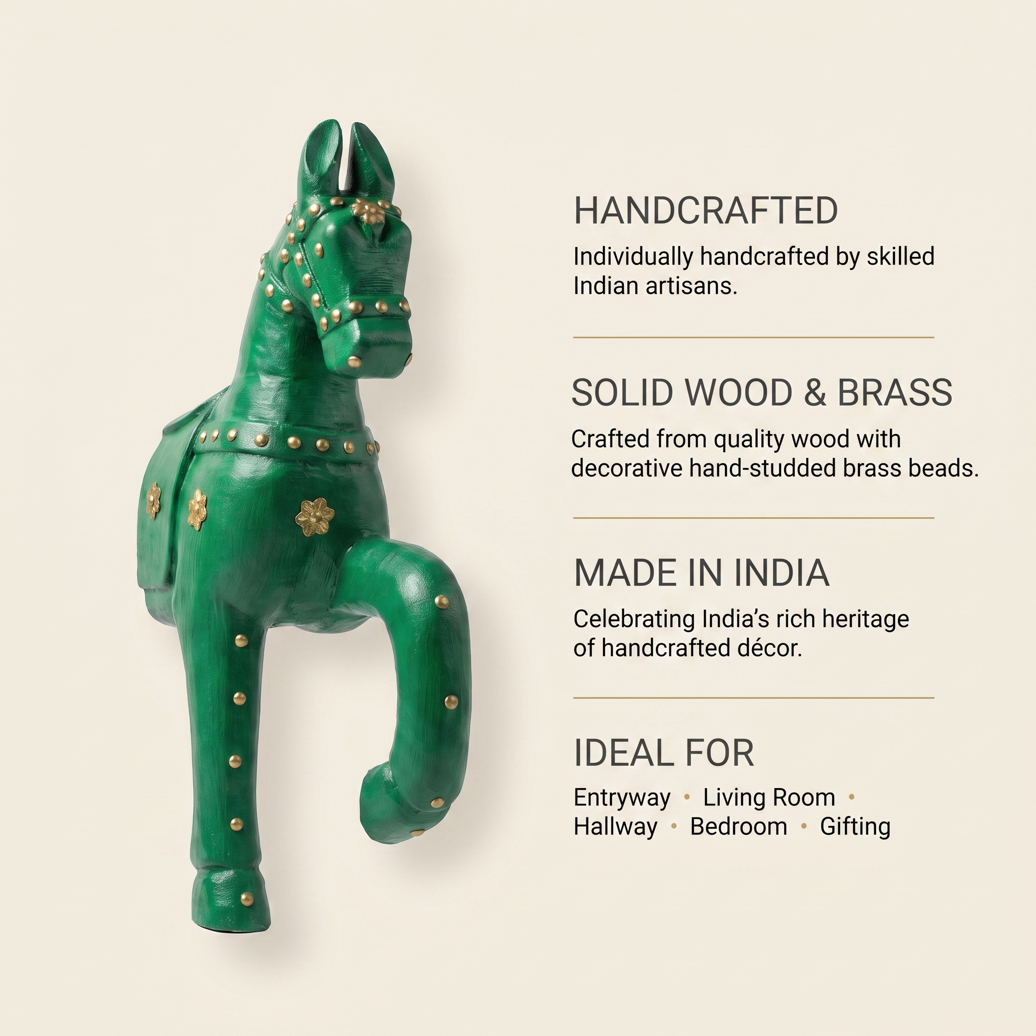 Wooden Horse Wall Hanging | Green with Brass Studded | 13.5x6x3.5 inch