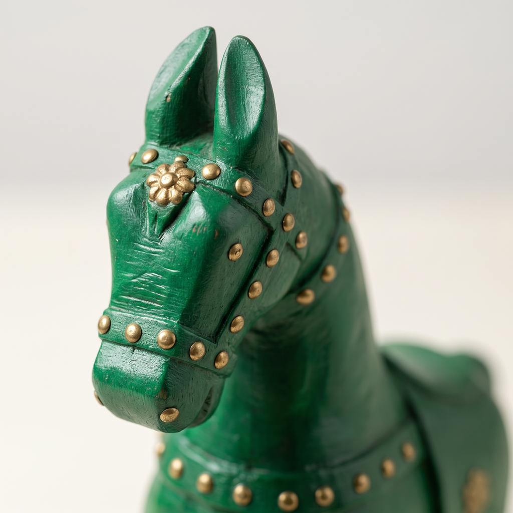 Wooden Horse Wall Hanging | Green with Brass Studded | 13.5x6x3.5 inch