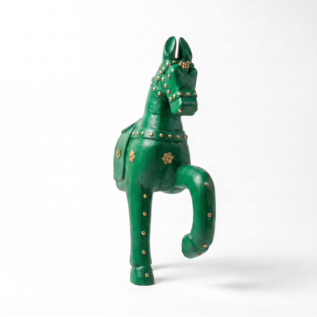 Wooden Horse Wall Hanging | Green with Brass Studded | 13.5x6x3.5 inch