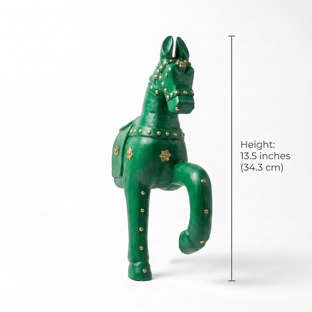 Wooden Horse Wall Hanging | Green with Brass Studded | 13.5x6x3.5 inch