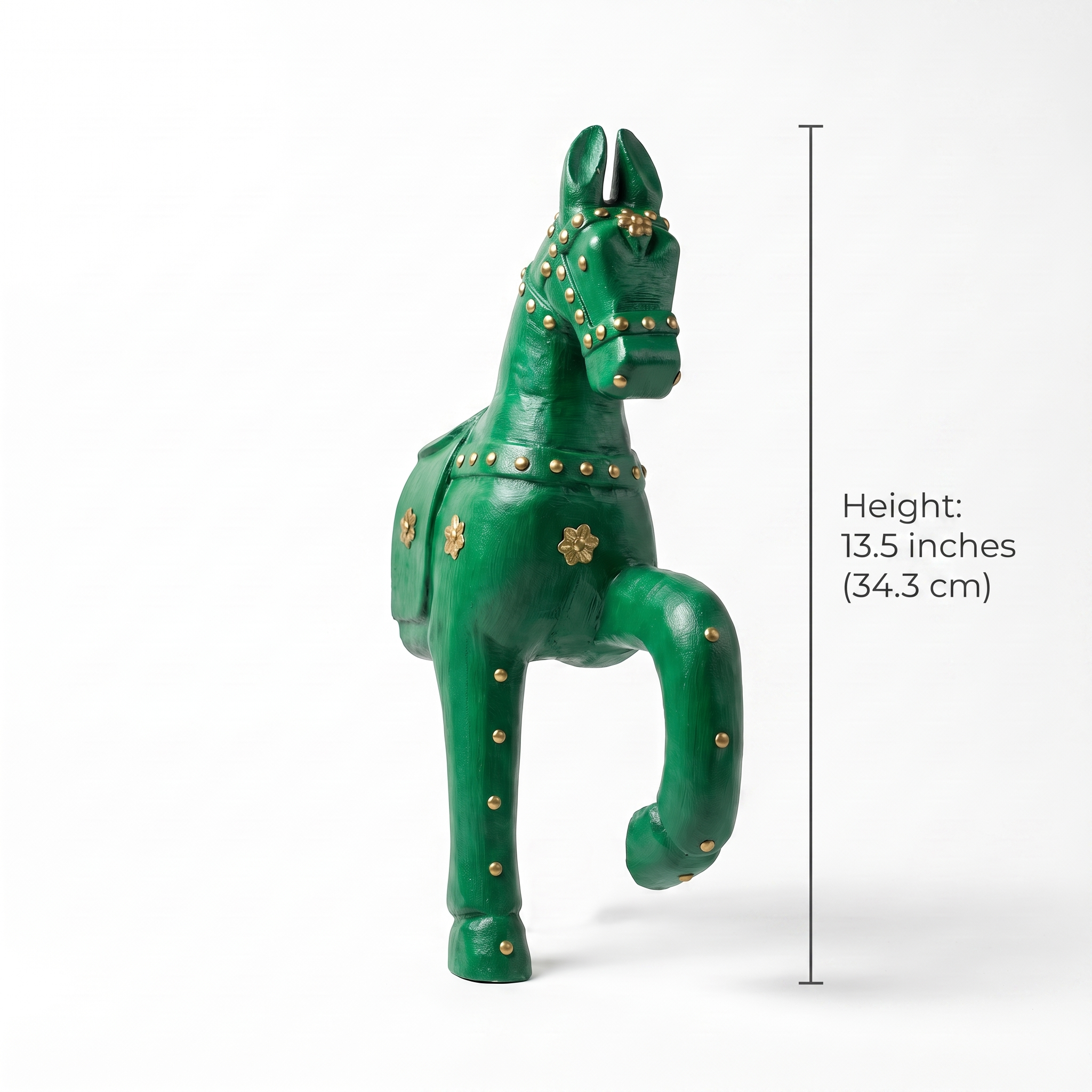 Wooden Horse Wall Hanging | Green with Brass Studded | 13.5x6x3.5 inch