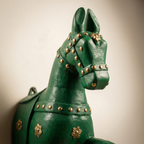 Wooden Horse Wall Hanging | Green with Brass Studded | 13.5x6x3.5 inch