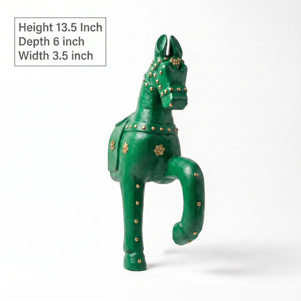 Wooden Horse Wall Hanging | Green with Brass Studded | 13.5x6x3.5 inch