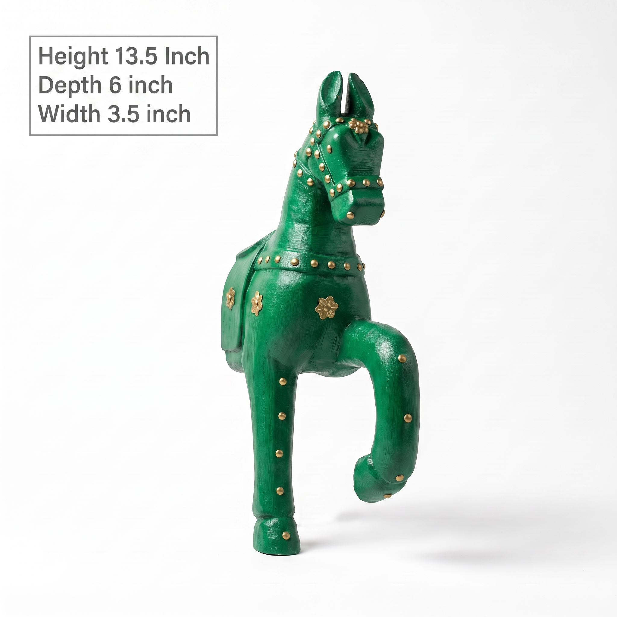 Wooden Horse Wall Hanging | Green with Brass Studded | 13.5x6x3.5 inch