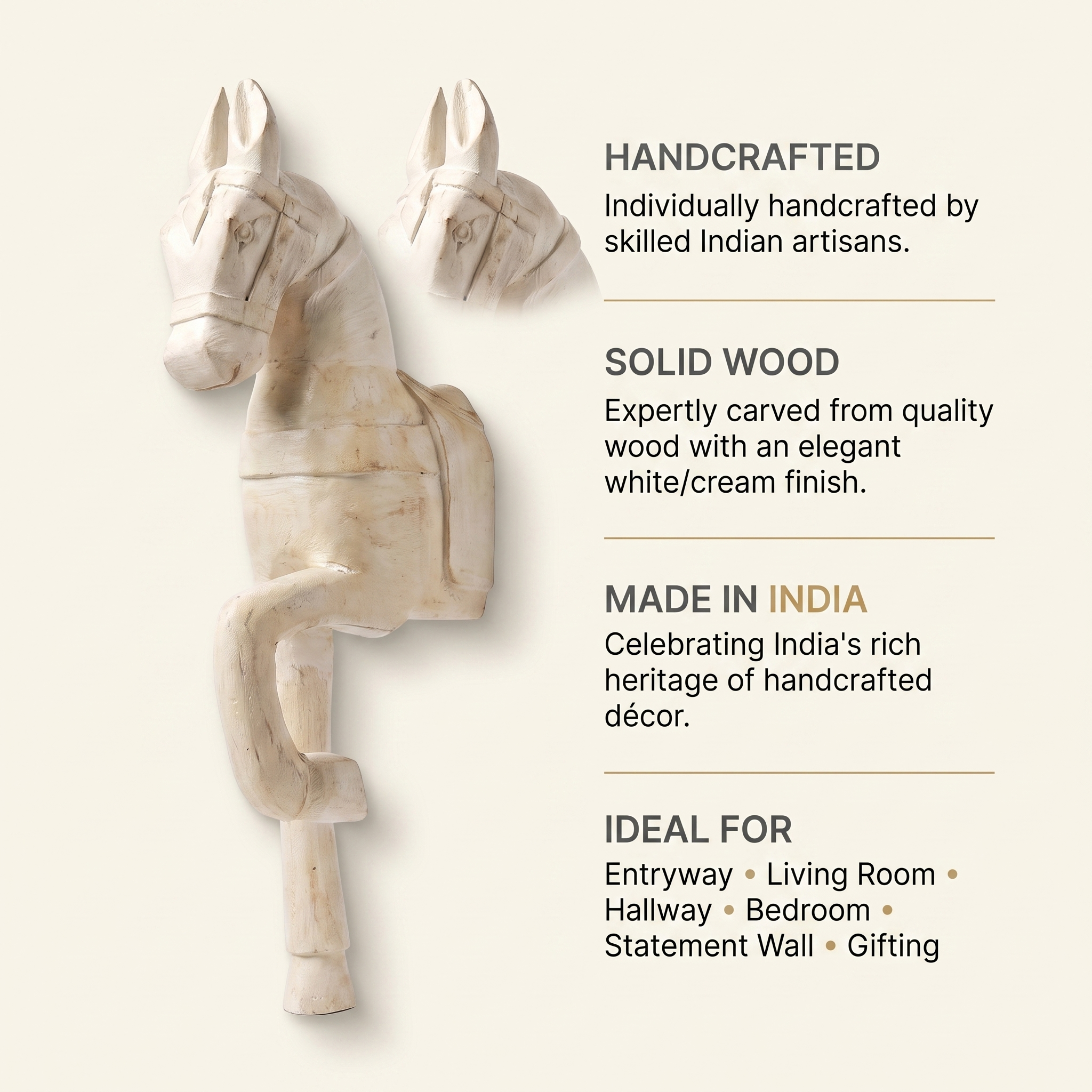 Wooden Horse Wall Hanging Large | White | 23x8x4.5 inch