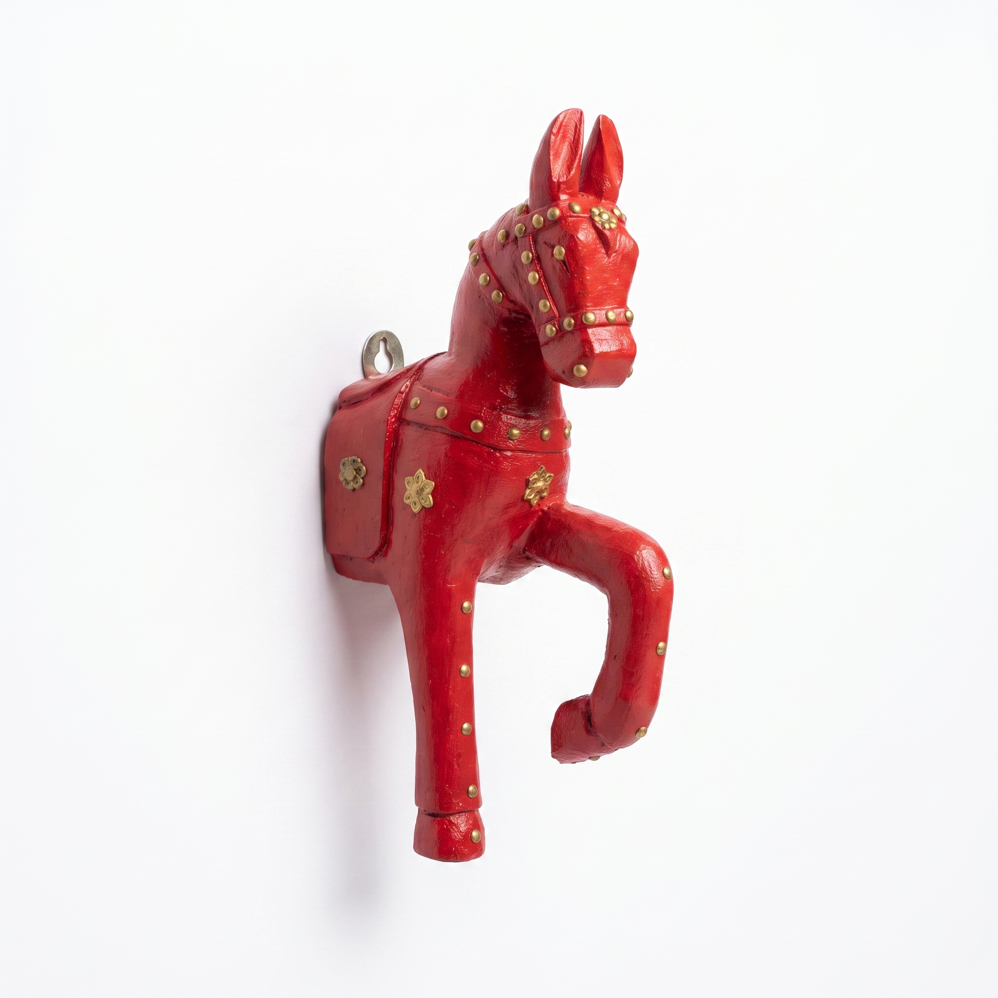 Wooden Horse Wall Hanging | Red with Brass Studded | 13.5x6x3.5 inch