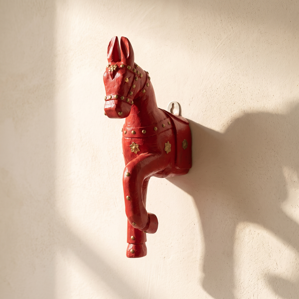 Wooden Horse Wall Hanging | Red with Brass Studded | 13.5x6x3.5 inch