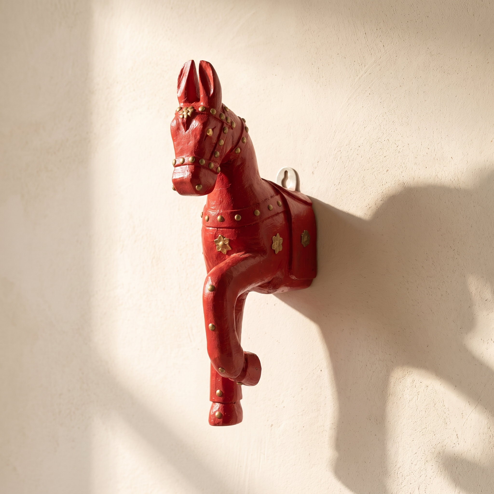 Wooden Horse Wall Hanging | Red with Brass Studded | 13.5x6x3.5 inch