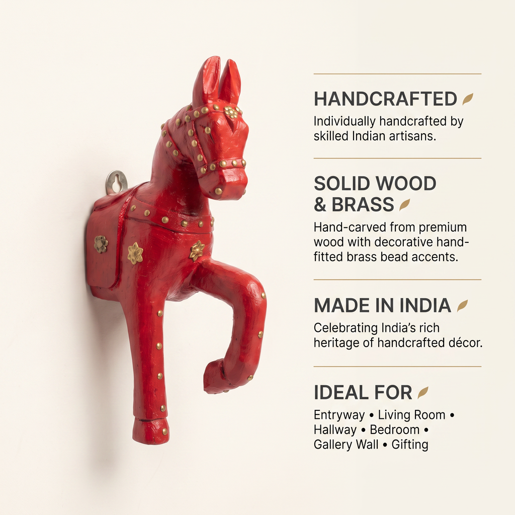 Wooden Horse Wall Hanging | Red with Brass Studded | 13.5x6x3.5 inch