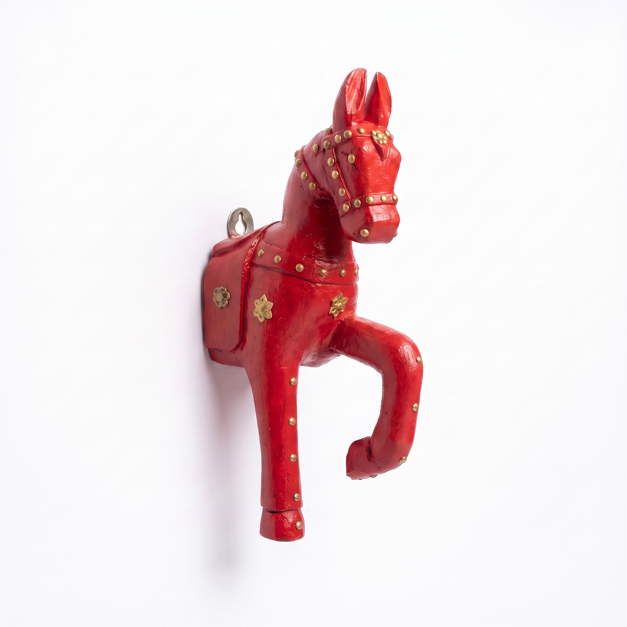 Wooden Horse Wall Hanging | Red with Brass Studded | 13.5x6x3.5 inch