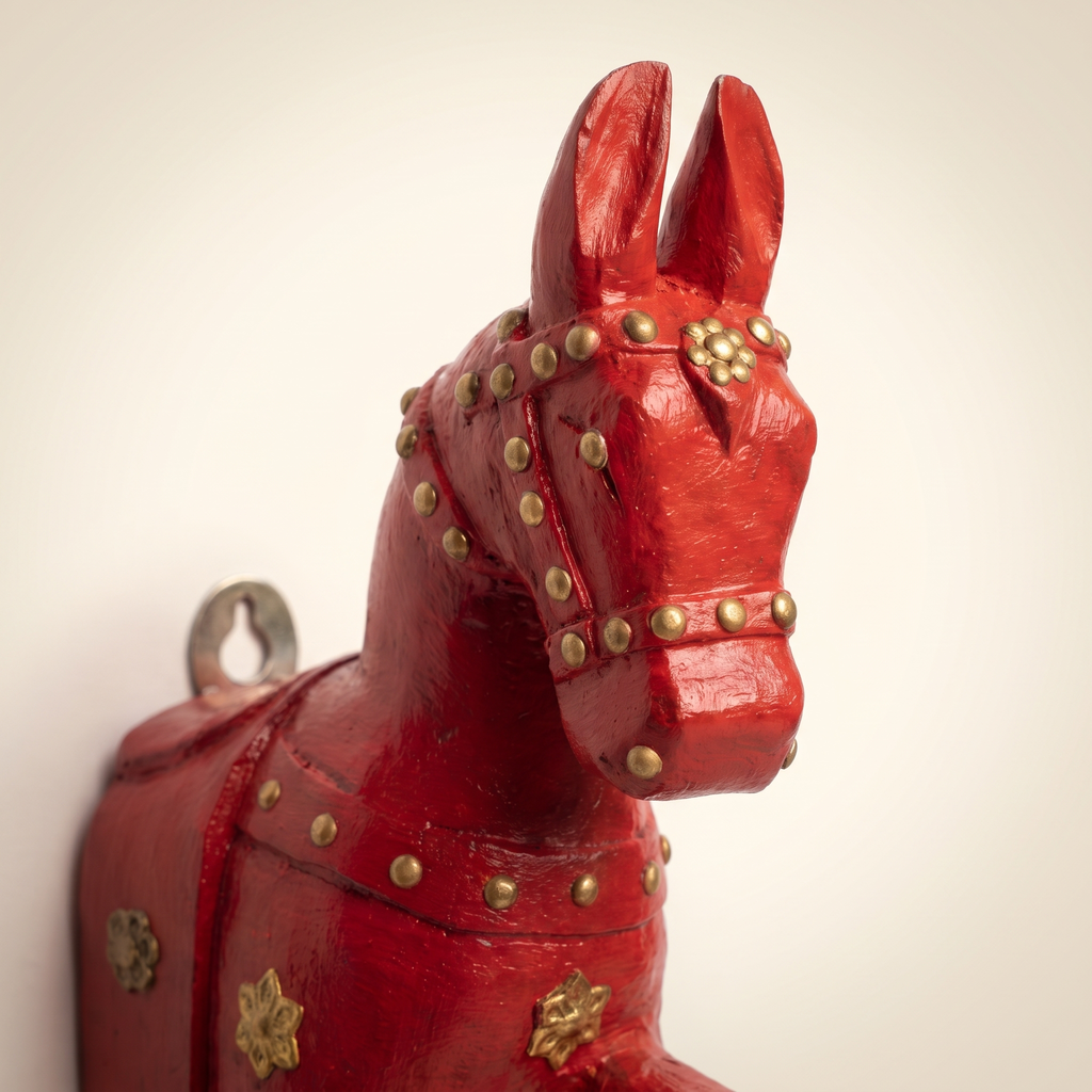 Wooden Horse Wall Hanging | Red with Brass Studded | 13.5x6x3.5 inch