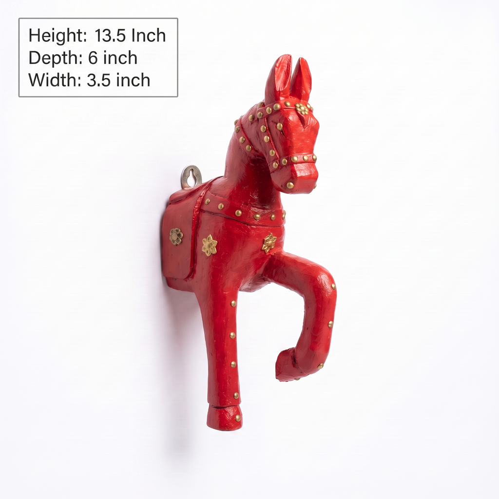 Wooden Horse Wall Hanging | Red with Brass Studded | 13.5x6x3.5 inch