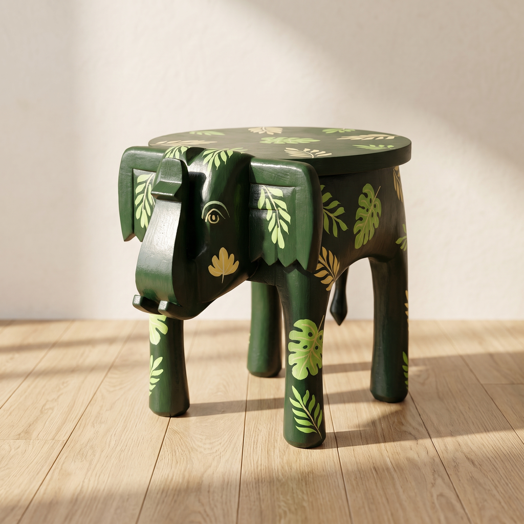 Wooden Elephant Stool | Green with Leaf motifs | 14.5x14.5x14.5 inch