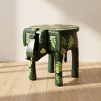Wooden Elephant Stool | Green with Leaf motifs | 14.5x14.5x14.5 inch