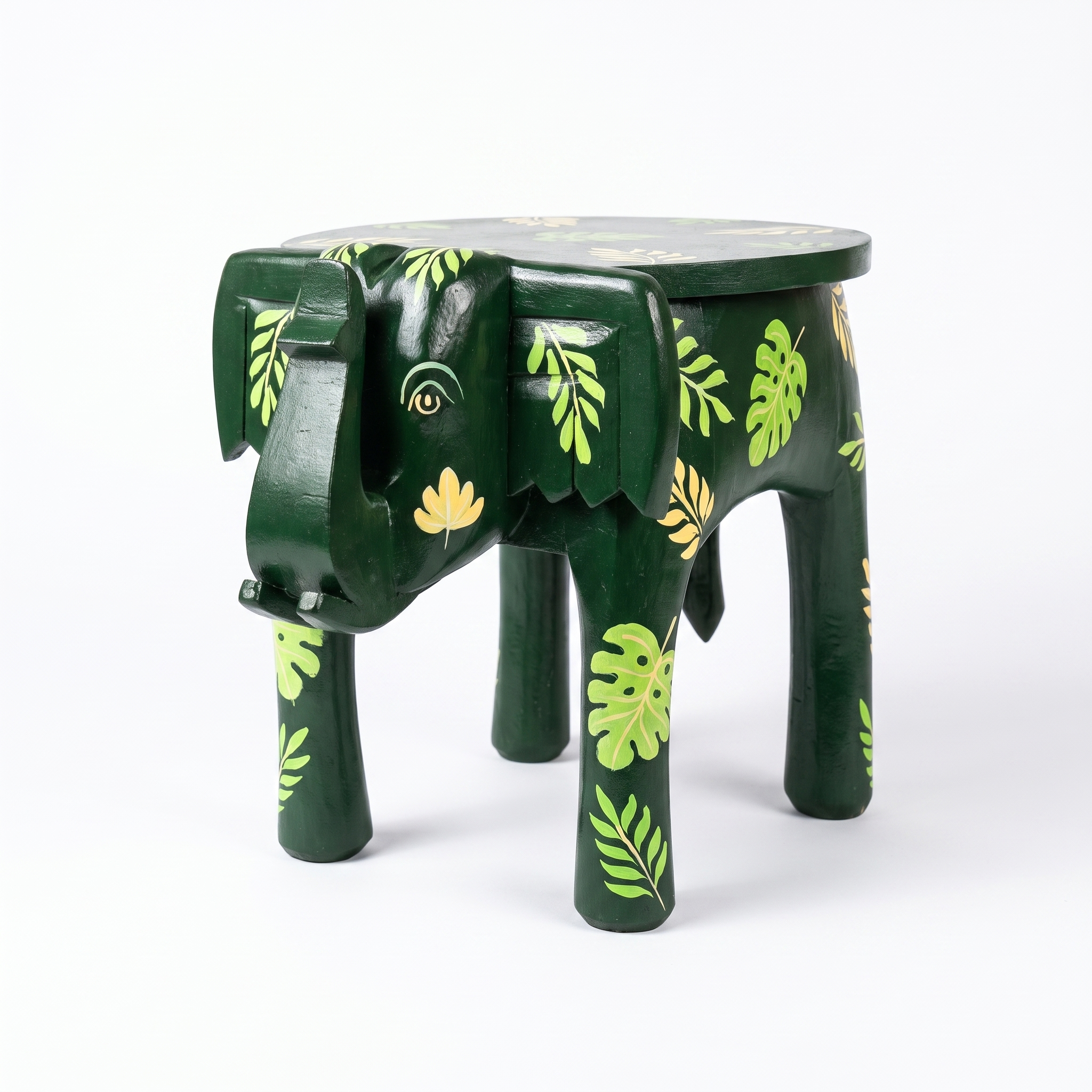 Wooden Elephant Stool | Green with Leaf motifs | 14.5x14.5x14.5 inch