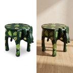 Wooden Elephant Stool | Green with Leaf motifs | 14.5x14.5x14.5 inch