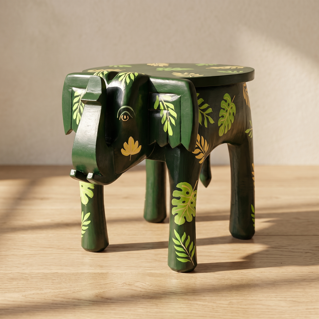 Wooden Elephant Stool | Green with Leaf motifs | 14.5x14.5x14.5 inch