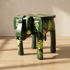 Wooden Elephant Stool | Green with Leaf motifs | 14.5x14.5x14.5 inch