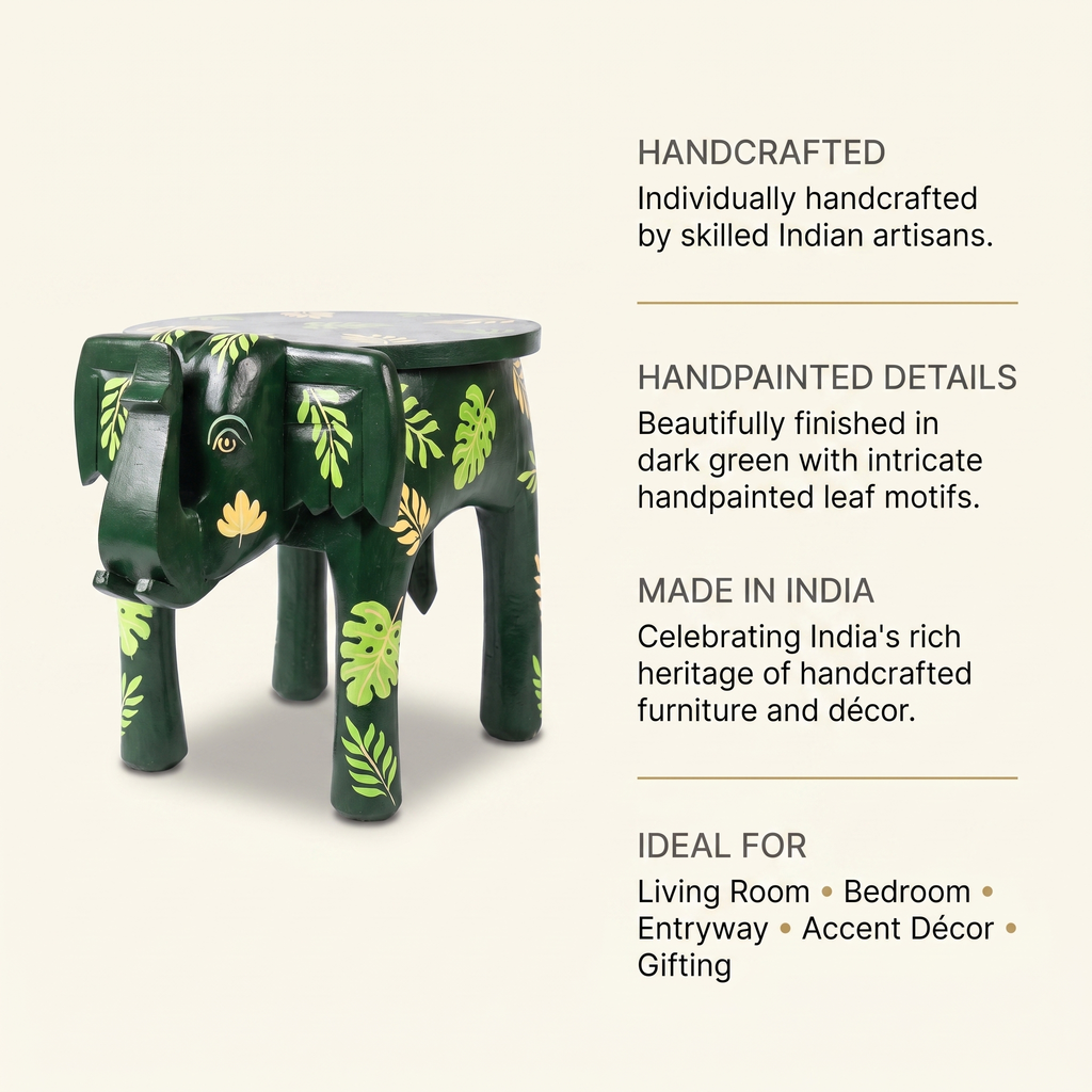 Wooden Elephant Stool | Green with Leaf motifs | 14.5x14.5x14.5 inch