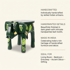 Wooden Elephant Stool | Green with Leaf motifs | 14.5x14.5x14.5 inch