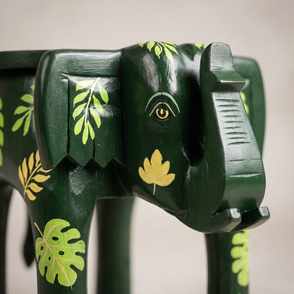 Wooden Elephant Stool | Green with Leaf motifs | 14.5x14.5x14.5 inch